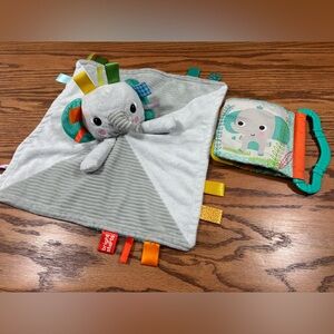 BRIGHT STARTS Gray Elephant Lovey Security Blanket Tags and Soft Crinkle Book
